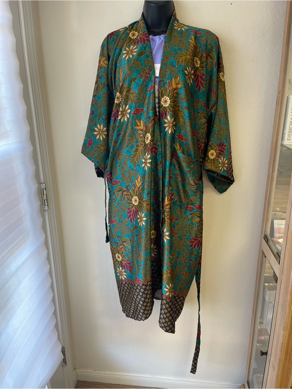 Green Floral Satin Kimono Robe with Gold Accents